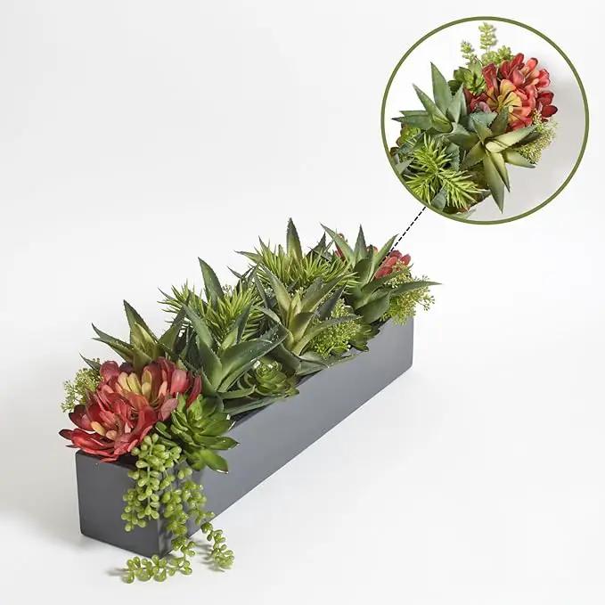 Oblong Faux Succulent Arrangement, Premium Artificial Indoor Plant Enhances Interior Design, Display on any Surface in Your Home Adding an Inviting Touch of Nature, Grey Planter Pot Included by GreenHaven Gardens