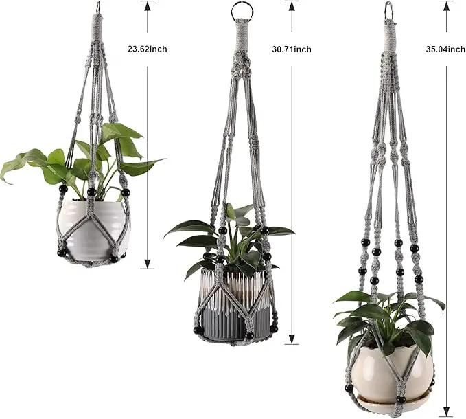 3-Pack Macrame Plant Hanger Indoor - Hanging Planter Basket for Indoor Outdoor - Decorative Boho Plant Holders Set with Beads - Ceiling Flower Pot Holder with 6 Hooks - 35"/30"/24" Gray by GreenHaven Gardens