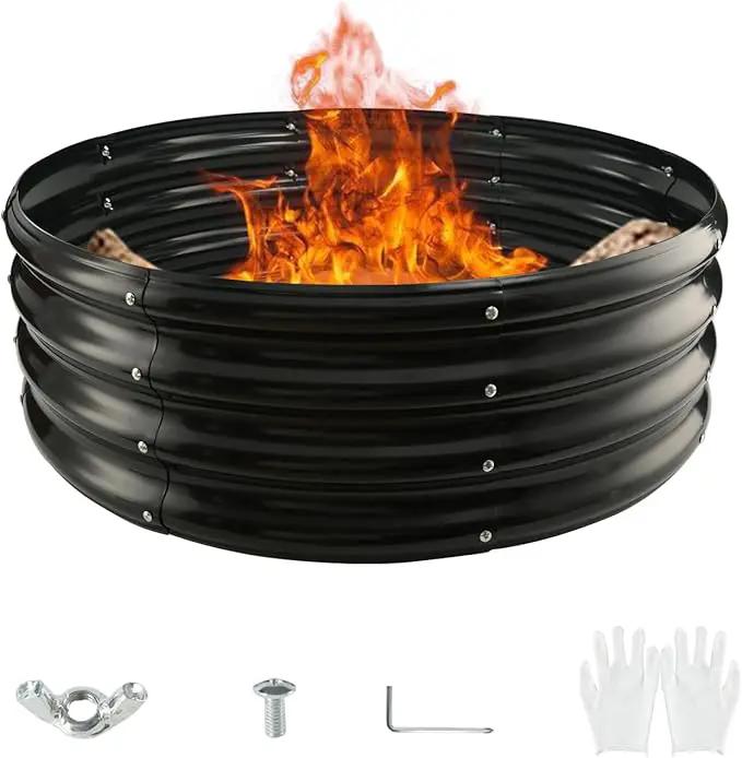 Round Galvanized Steel Fire Ring/Fir Pit for Outdoor/Durable Round Galvanized Steel Raised Garden Bed for Planting-2.67×2.67×1FT,0.8MM Thick (32 ins Diameter x 12 ins high, Black) by GreenHaven Gardens