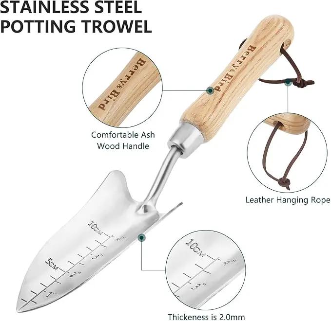 Berry&Bird Transplant Trowel with Measurements, Garden Stainless Steel Potting Hand Trowel with Wooden Handle, Small Garden Hand Shovel Transplanter Tool for Planting Digging Transplanting Gardening by GreenHaven Gardens