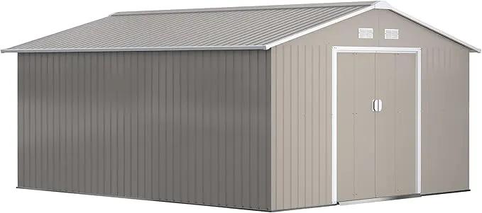 Outsunny 11' x 13' Outdoor Storage Shed, Garden Tool Metal Shed with Foundation Kit, Double Lockable Door, Air Vents and Sloping Roof, for Backyard, Patio, Lawn, Light Gray by GreenHaven Gardens