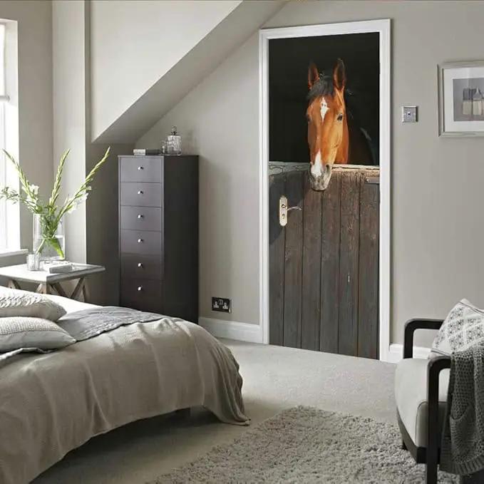 Horse 3D Door Stickers Murals - Peel & Stick - Waterproof & Washable - Rustic Brown Animal Print - Matte Finish - Door & Wall Decals - 31.5" x 78.7" (2 Parts) by GreenHaven Gardens