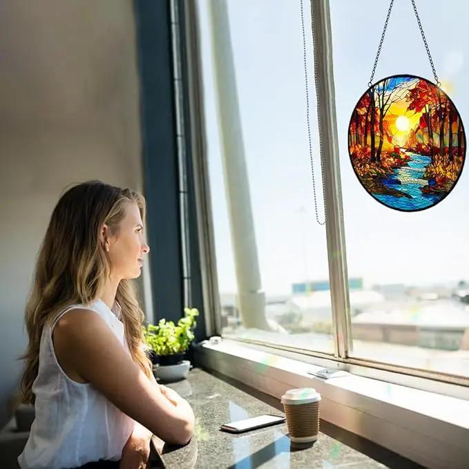 Sunrise Tree and River Landscape Stained Glass Suncatcher for Window Hanging - Sunrise Painting Sun Catcher Window Ornaments with Metal Chain and Hook - Decor Gift for Mom Wife Husband Nature Lovers by GreenHaven Gardens