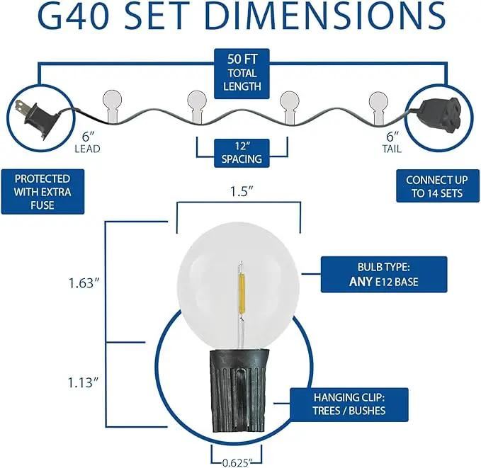 Novelty Lights 50 Feet G40 LED Patio String Lights with 50 Bulbs, Warm White, Weather Resistant and Shatterproof Replaceable Plastic Globe Bulbs, Black Wire by GreenHaven Gardens