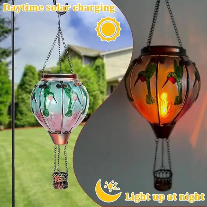 2PCS Solar Hot Air Balloon Lanterns with Flame Glass Hot Air Balloon Lights with 2PCS Shepherd's Hooks Waterproof Hanging Outdoor Solar Lantern for Yard Patio Christmas Decor (Hummingbird) by GreenHaven Gardens