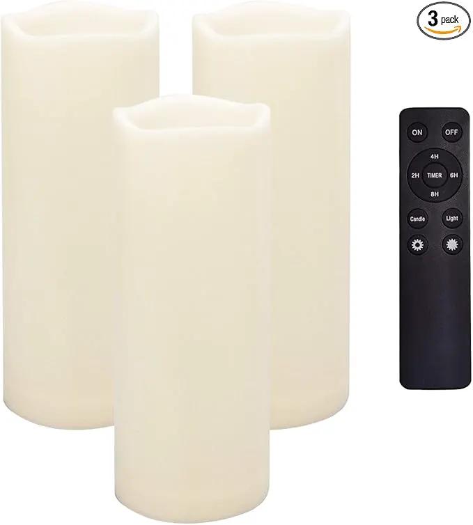 CANDLE CHOICE Waterproof Outdoor Battery Operated Flameless Candles Remote Timer White Tall Plastic Fake Realistic Flickering Electric LED Pillars for Lantern Wedding Christmas Decorations 3”x8” 3PCS by GreenHaven Gardens