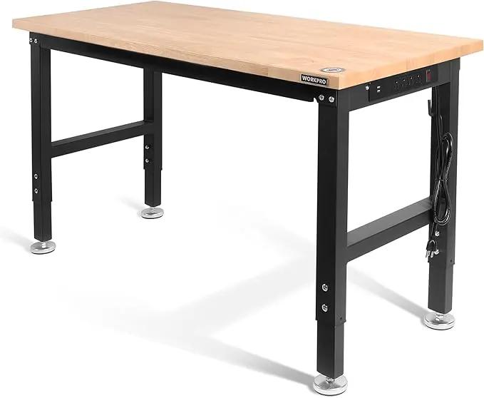 WORKPRO 48" Adjustable Workbench, Rubber Wood Top Heavy-Duty Workstation, 2000 LBS Load Capacity Hardwood Worktable with Power Outlets, for Workshop, Garage, Pack of 10 by GreenHaven Gardens
