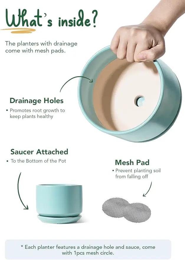 LE TAUCI Ceramic Plant Pots, 4.3+5.3+6.8 inch, Set of 3, Planters with Drainage Hole and Saucer, Indoor Flower Pot with Hole Mesh Pad, Gifts for Mom, Aqua by GreenHaven Gardens