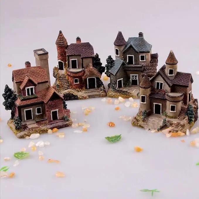 HAPYLY 4PCS Miniature House Fairy Gardening Micro Landscape Village Stone House Bonsai Terrarium Crafts Ornaments Accessories Home Decoration Resin