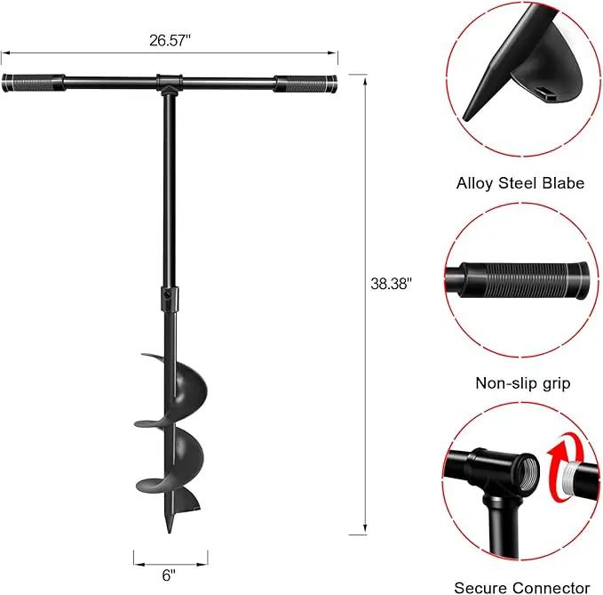 LONGRUN Manual Garden Hole Digging Drill Bit, Hand Drill Auger Post Hole Digger for Planting, Spiral Drill Planter for Bulb, Flower, Tree, Seedlings, Bedding Plants, Umbrella, Fence Holes-6"x 38" by GreenHaven Gardens
