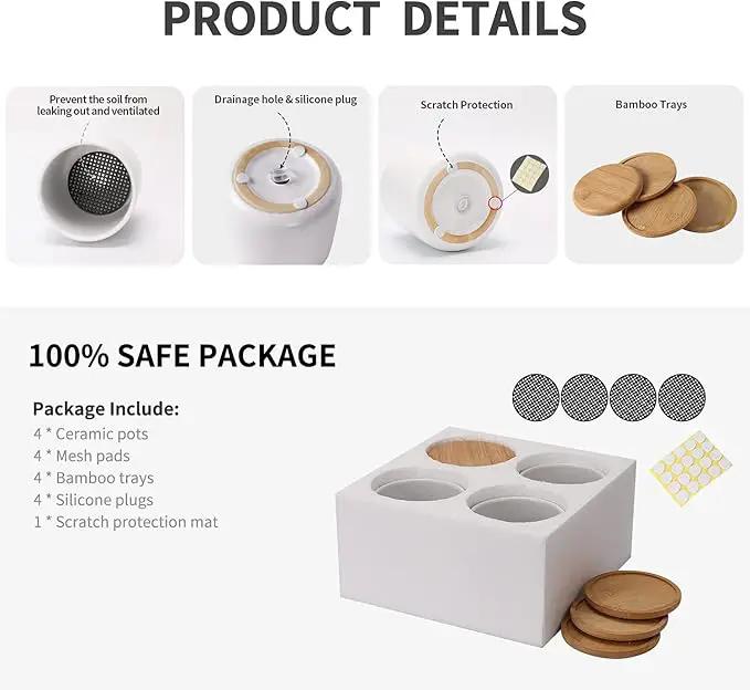 4 Inch Ceramic Plant Pots with Drainage Holes and Trays, Adorable Small Cylinder Flower Planter Pot with Saucers for Indoor Plants, Succulent, Snake Plants, Cactus & Herbs, White, Set of 4 by GreenHaven Gardens