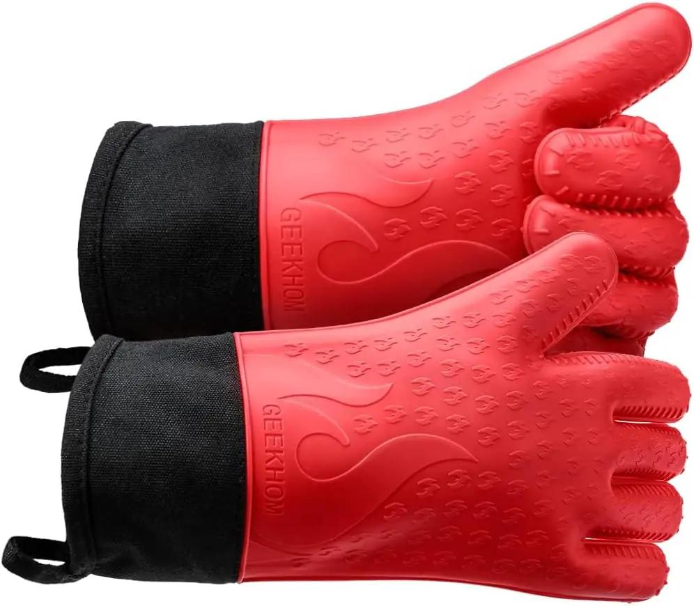 GEEKHOM Silicone Grilling Gloves, Heat Resistant Oven Mitts, BBQ Gloves, Waterproof Non-Slip for Barbecue, Cooking, Baking, Fryer, Red by GreenHaven Gardens