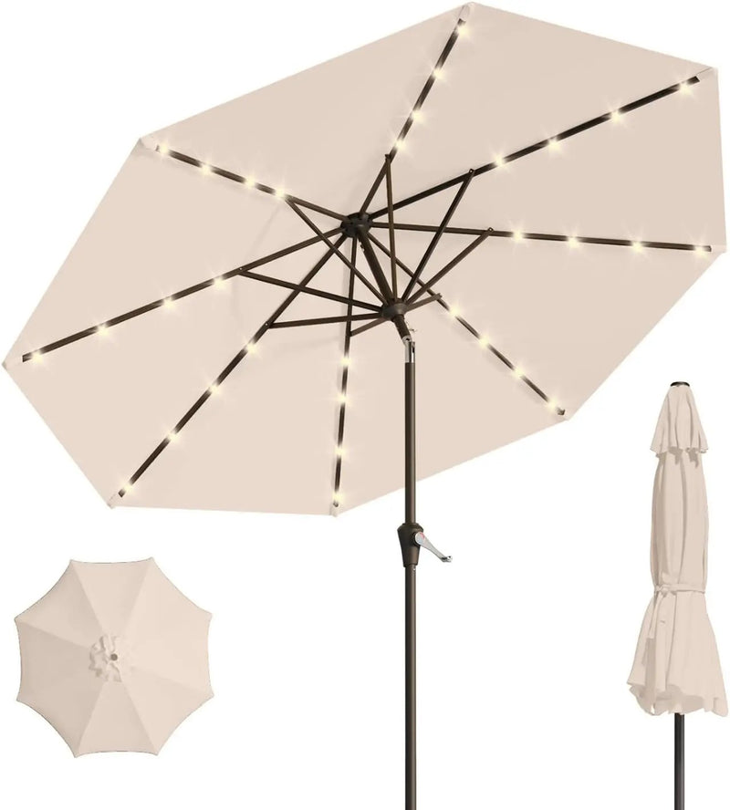 10FT Solar Umbrella 32 LED Lighted Patio Umbrella Table Market Umbrella w/Tilt and Crank, UV-Resistant Outdoor Umbrella for Pool, Garden, Deck, Beige by GreenHaven Gardens