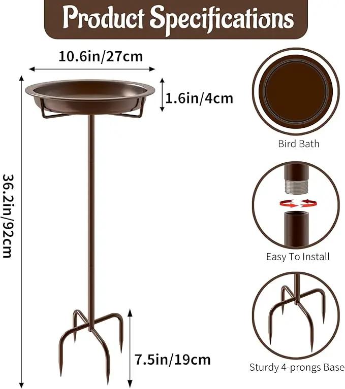Metal Bird Bath for Outside, 36.2" Height Birdbath Bowl Standing Bird Feeders for Outdoors with 4 Prongs Base Stake, Freestanding Birdfeeders for Garden Yard Lawn Decor (Brown) by GreenHaven Gardens