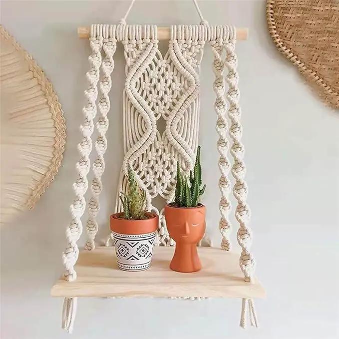 Macrame Wall Hanging Plant Decor Shelf Indoor Outdoor Floating Wood shelve Decorative Hand Made Rope Boho Shelving for Plants by GreenHaven Gardens