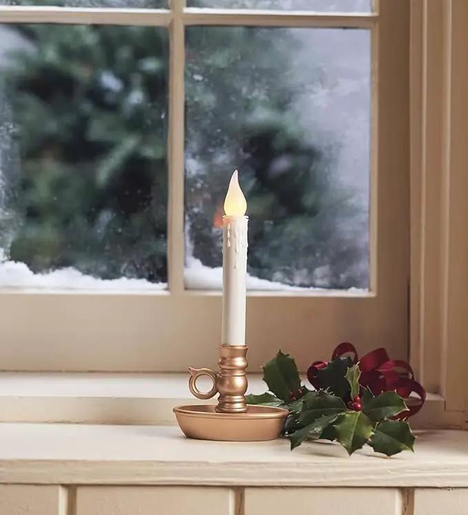 Plow & Hearth Set of 4 AA Battery Operated Window LED Candle Lamps | Auto Timer | Long Lasting Bulbs Never Need Replacing | Holiday Lights | Antique Gold Base | 9 1/2 H by GreenHaven Gardens