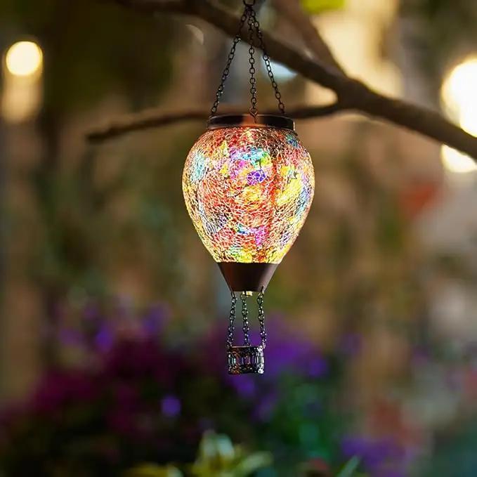 DREAMSOUL Mosaic Hot Air Balloon Solar Lantern with LED Light, Hanging Glass Solar Lanterns Outdoor Waterproof for Garden Patio Porch Decor by GreenHaven Gardens