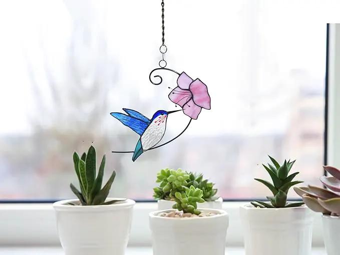 Lolitarcrafts Hummingbird with Flower Stained Glass Suncatcher Bird Stained Glass Window Hangings Hummingbird Gift for Home Decor (Blue with Flower) by GreenHaven Gardens