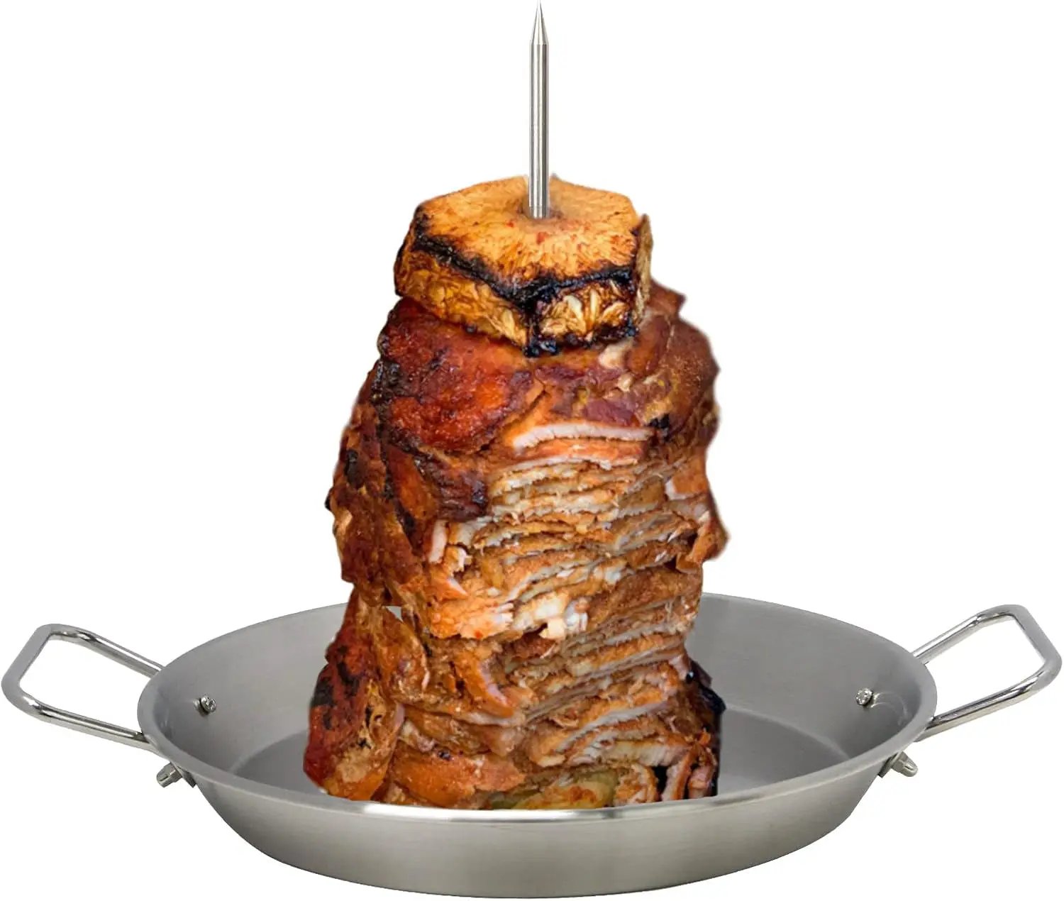 BBQ Vertical Skewer Pan Gyro Spit Shawarma Skewer Stand for oven, Al Pastor Skewer for Grill, El Pastor Hack for Tacos Al Pastor Chicken, Brazilian, Stainless Steel, with 8",10" stick by GreenHaven Gardens