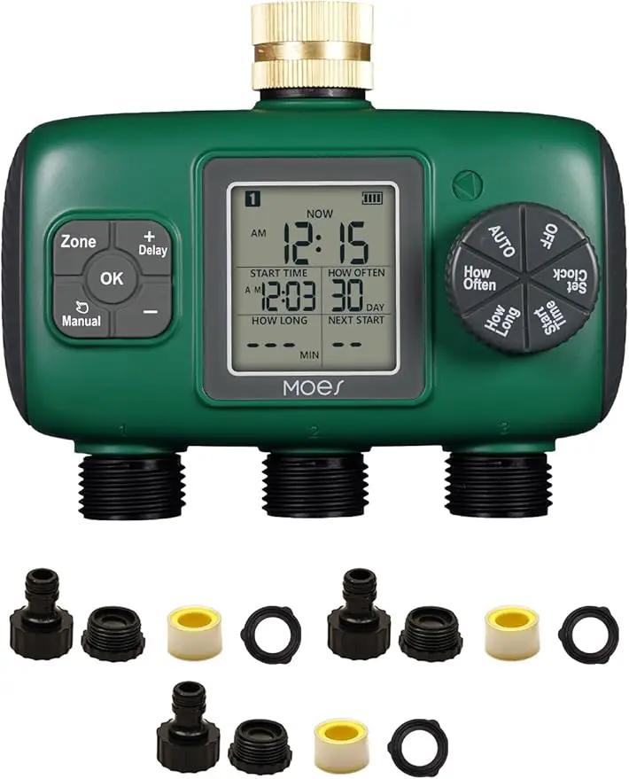MOES 3 Outlet Sprinkler Timer, Brass Inlet, Programmable Automatic Irrigation Controller, Rain Delay, Manual Watering, 3 Zone Water Hose Timer for Gardens, Lawns, and Hose Systems by GreenHaven Gardens