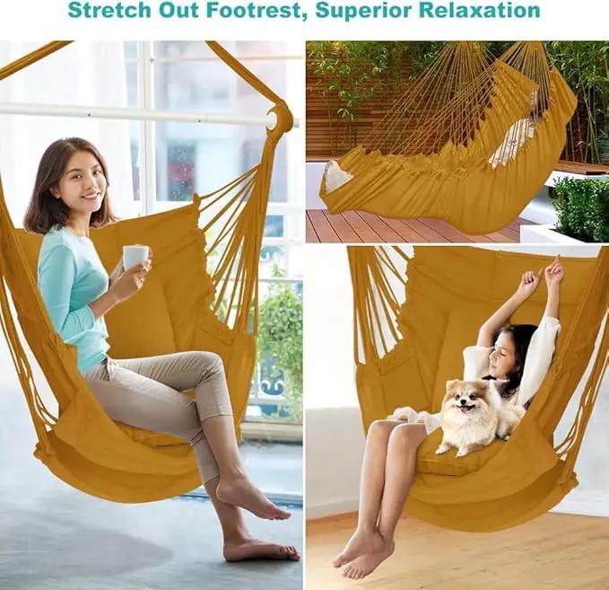 Outerman Hammock Chair, Hanging Chair with 3 Cushions and Foot Rest Support, Sturdy Metal Spreader Bar Max 500Lbs, Swing Chair for Bedroom, Indoor & Outdoor, Patio, Porch or Tree（Khaki） by GreenHaven Gardens
