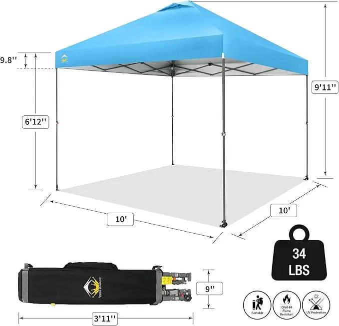 CROWN SHADES Adjustable Height on The Fly, 10x10 Pop Up Canopy - Beach Tent with One Push Setup - Easy Outdoor Sun Shade for Events, Parties, Camping - Outside Shade with STO-N-Go Bag, Sky Blue by GreenHaven Gardens