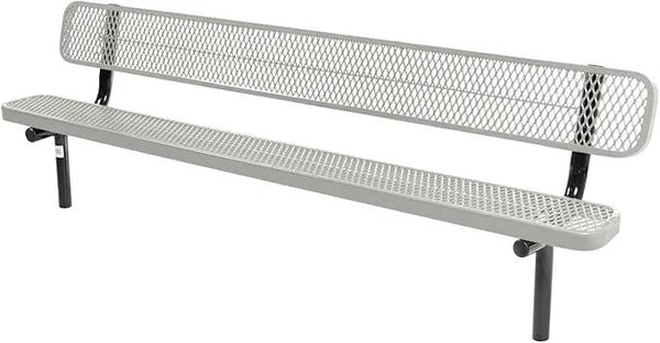 Coated Outdoor Furniture Heavy-Duty Outdoor Bench Thermoplastic Coated, Expanded Metal, Commercial-Grade Seating, Made in America (Inground with Back, 8 Ft, Textured Grey)