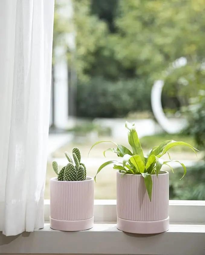 LaDoVita 3 Pack Ceramic Plant Pots 6/5/4 inch, Flowerpot for Indoor Plants with Drainage Holes and Tray, Outdoor Garden Planters, Modern Decorative for Home, Pink Vertical Stripes by GreenHaven Gardens