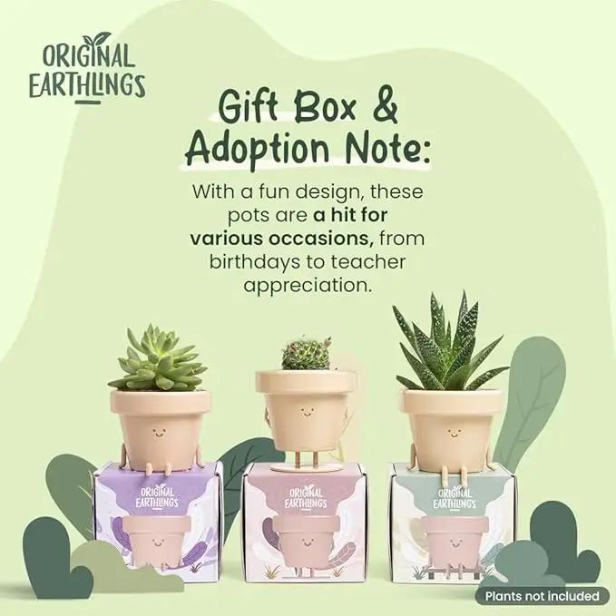 Original Earthlings Sitting Pot - 3.5 Inch Cute Plant Pot - Plastic Funny Planter with Drainage - Unique Cactus Plant Lover Gift - Small Succulent Face Flower Pot - Cute Plant Gifts for Plant Lovers by GreenHaven Gardens