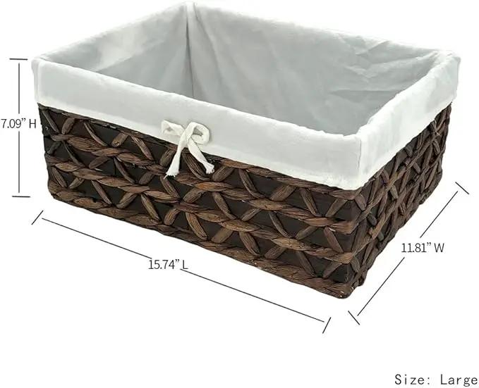 Basket of Rectangular Woven Seagrass Storage Bin with Handle,Kingwillow. (Wood&water hyacinth, Set of 3) by GreenHaven Gardens