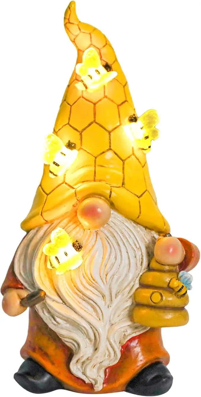 Garden Gnome Statue with Bee Solar Lights, Resin Gnome Figurine for Outdoor Decor, Porch Patio Yard Decorations by GreenHaven Gardens