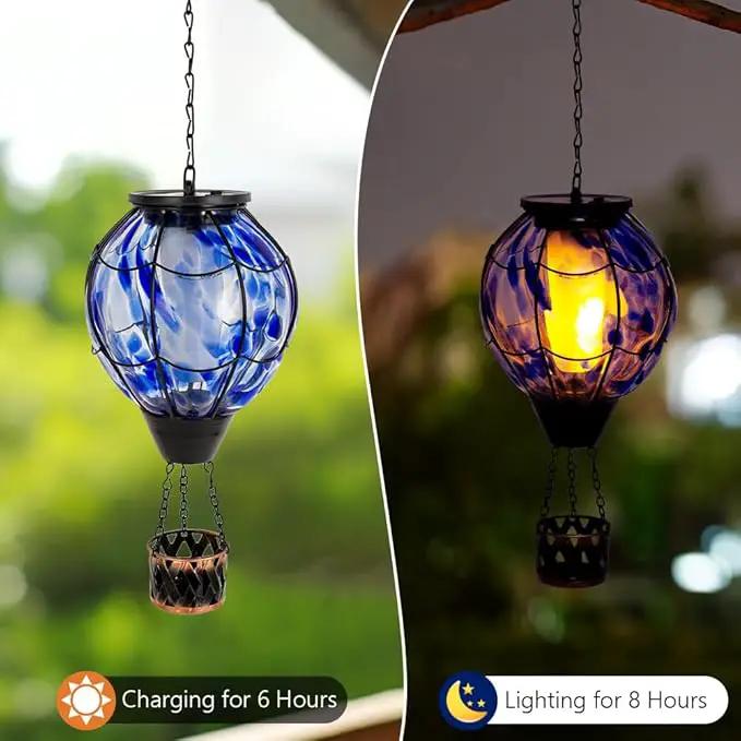 2PCS Solar Hot Air Balloon Lantern with Flickering Flame,Blue Glass Hot Air Balloon Solar Lanterns Outdoor Waterproof Hanging Decorative Light for Patio Porch Yard,Garden Gifts for Women by GreenHaven Gardens