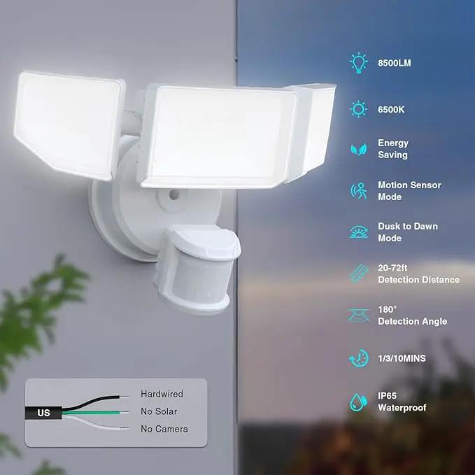 85W LED Security Lights Motion Sensor Light Outdoor, 8500LM Dusk to Dawn, IP65 Waterproof, 6500K, 3 Head Motion Detected Flood Light, Floodlight for Outside, Garage, Yard, Porch (White) by GreenHaven Gardens
