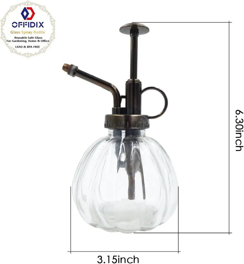 OFFIDIX Transparent Glass Watering Spray Bottle, 6.3 Inches Tall Vintage Style with Bronze Plastic Top Pump One Hand Plant Mister Glass Watering Can Indoor by GreenHaven Gardens