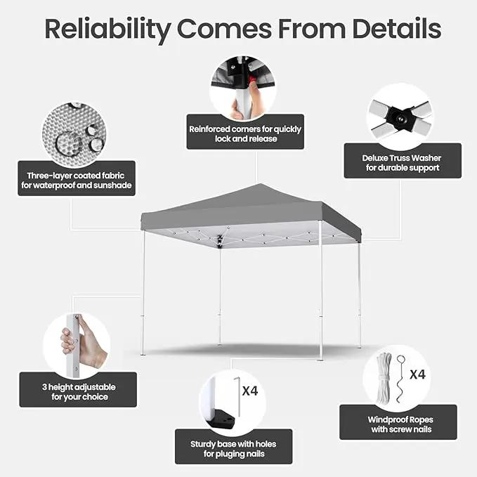 10x10ft Pop Up Canopy Tent,Heavy Duty Waterproof Folding Tent for Camping Parties Events Parties,Outdoor Canopy,Portable Sun Shelter,3 Adjustable Height(Grey) by GreenHaven Gardens