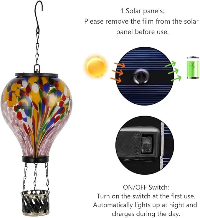 Starsoul Hot Air Balloon Solar Lantern Tie-Dye Style Glass Outdoor Hot Air Balloon Solar Flickering Flame Light Waterproof Hanging Lantern for Garden Yard Patio Decor by GreenHaven Gardens