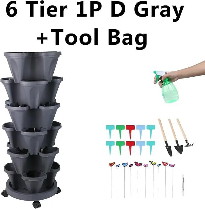 Vertical Planter, 6 Tier Stackable Strawberry Planter with Garden Tool Set, Movable Indoor/Outdoor Garden Herb Pot for Growing Vegetables and Succulents, Dark Gray by GreenHaven Gardens