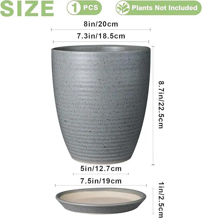 8 Inch Plant Pot Ceramic Planter Pot with Drainage Hole and Saucer Modern Round Flower Pot for Indoor Plants Light Gray by GreenHaven Gardens