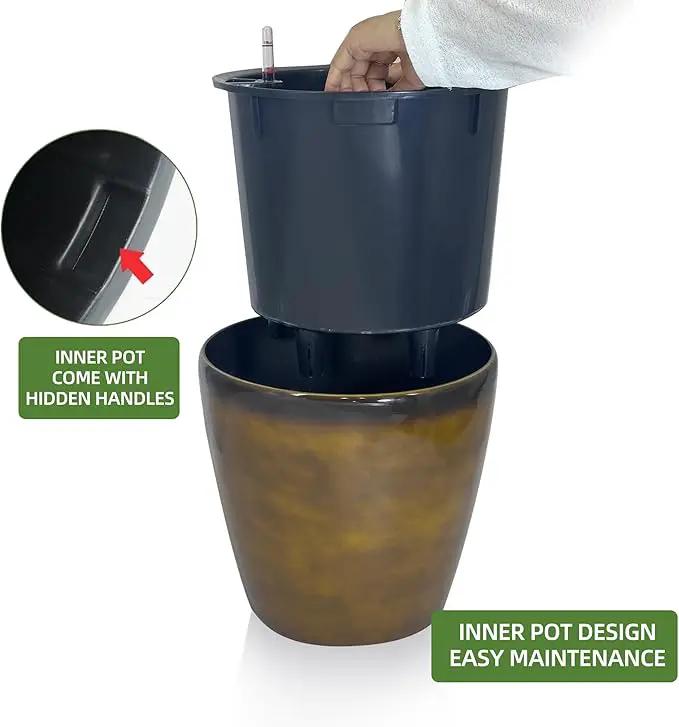 Dexceder 18x17 Self Watering Planter with Wheels Indoor Outdoor, Inner Pot Design, Thickened Large Floor Standing Flower Plant Pot with Water Level Indicator (Yellow Brown Gradient) by GreenHaven Gardens