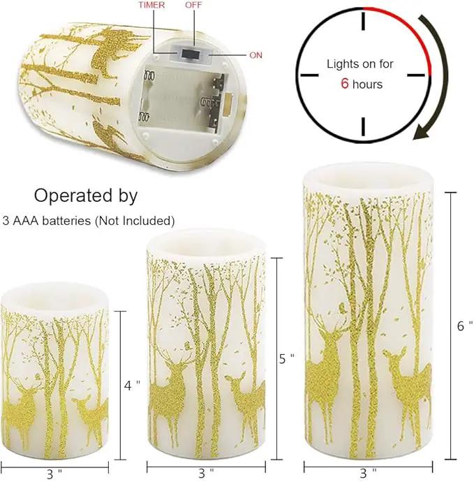 Gold Deer Flameless Candles with 6H Timer, Set of 3 Real Wax LED Flickering Candles, Christmas Pillar Candles with Gold Elk Decor for Home Party Decorations(H6 x D3) by GreenHaven Gardens