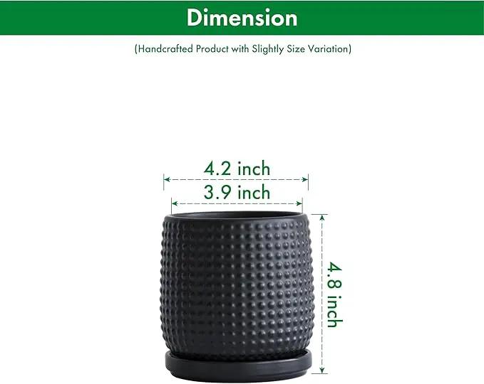 D'vine Dev Set of 2 Ceramic Plants Pots, 4 Inch Beaded Stoneware Flower Pot for Plants with Drainage Hole and Saucer, Ebony Matte, 27-E-Z-6 by GreenHaven Gardens