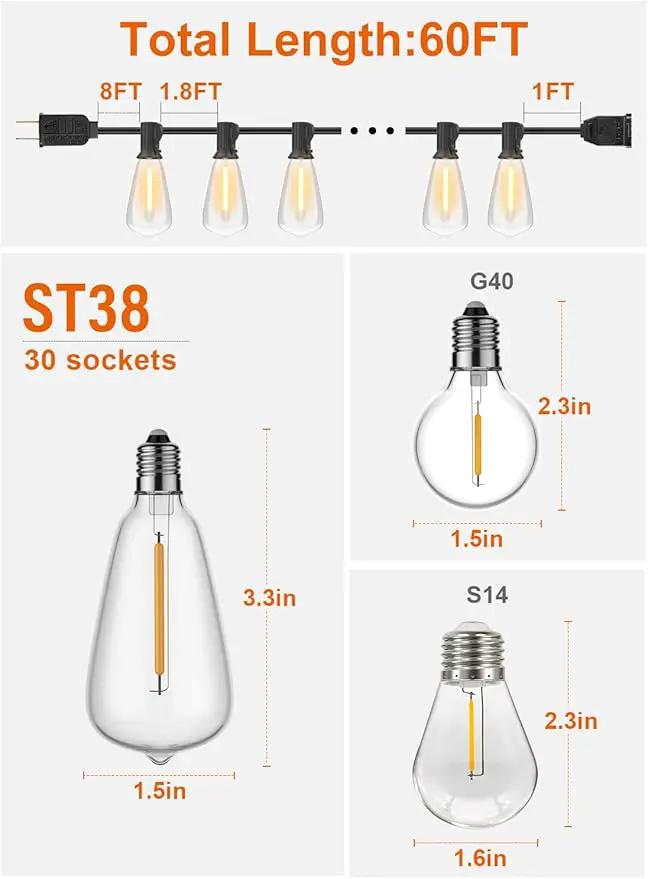 GPATIO Outdoor String Lights, 60FT Waterproof Patio Lights with 32 Hanging Globe ST38 Bulbs, 2700k Shatterproof for Backyard Gazebo Porch Garden Commerical Outside Decor by GreenHaven Gardens