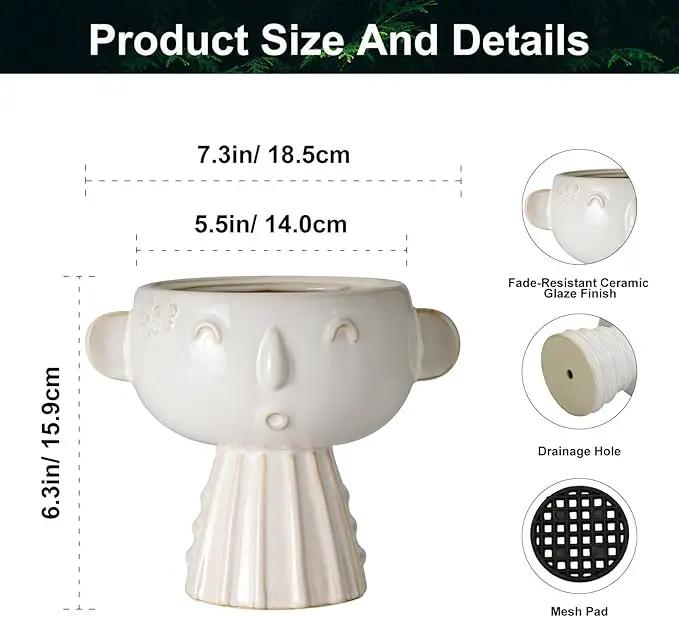 Face Planter Pot 7 Inch - Cute Ceramic Flower Head Planter for Indoor Outdoor Succulent Pot with Drainage Hole Flower Pot Present for Mother Christmas White by GreenHaven Gardens