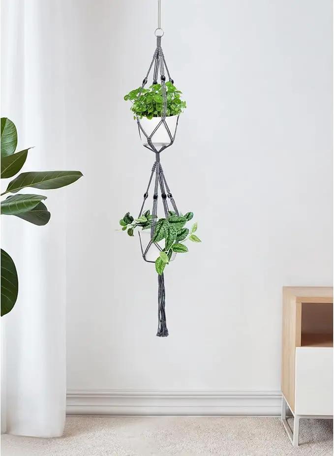 Belit 2 Pack Double Macrame Plant Hangers 2 Tier Hanging Planter Basket Decorative Flower Pot Holder Rope for Indoor Outdoor Home Decor 51 Inch, Grey by GreenHaven Gardens