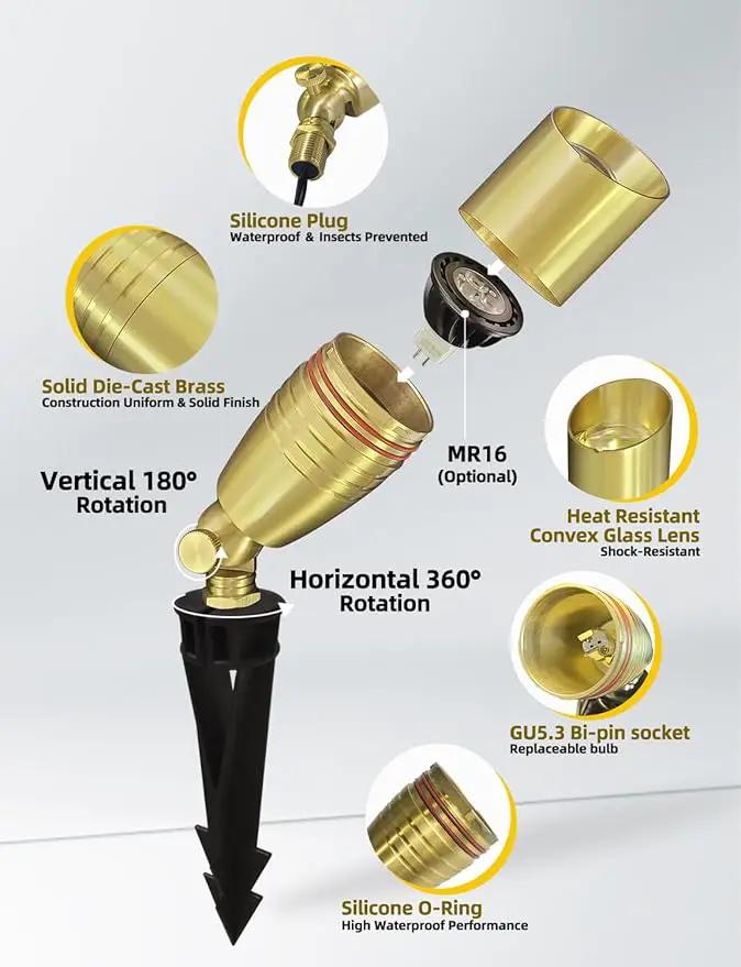 COLOER Die-cast Brass Landscape Spotlight 6-Pack Without Bulb,12V AC/DC Low Voltage Copper Outdoor Lighting with Ground Stake, Directional Garden Patio Spot Up Light (102B Brass Finish) by GreenHaven Gardens
