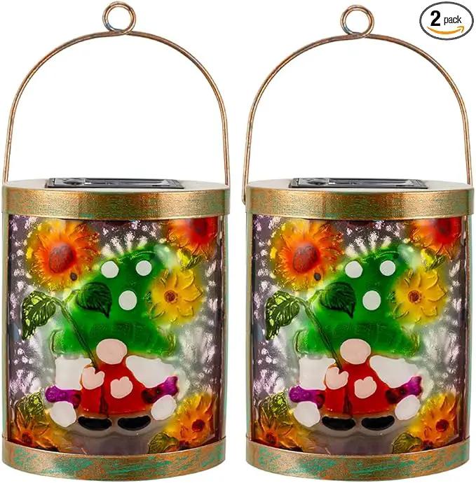 Starsoul 2 Pack Hanging Solar Lantern Outdoor Waterproof Glass Gnome and Sunflowers Decorative Solar Lights for Outside Garden Yard Table Patio Decor by GreenHaven Gardens