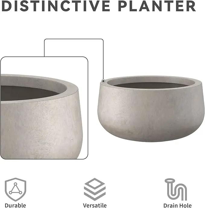 Kante 19.6" Dia Round Concrete Planter, Cement Plant Pots with Drainage Hole and Rubber Plug for Outdoor Indoor Garden Home, Modern Curvaceous Design, Weathered Concrete by GreenHaven Gardens