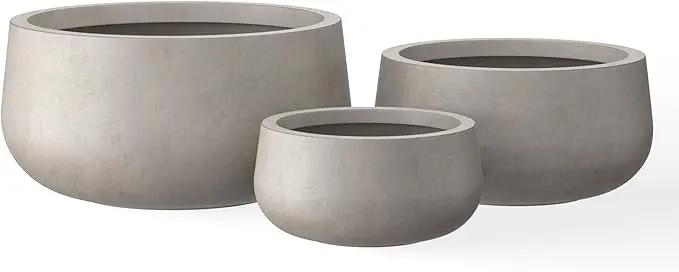 Kante 19.6",15.7",11.8" Dia Round Concrete Planters Set of 3, Outdoor Indoor Large Plant Pots with Drainage Hole, Modern Curvaceous Design, Weathered Concrete by GreenHaven Gardens