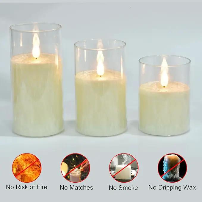 Flameless Flickering Remote Control Candle, Glass Pillar Candle,3 Pack (D:3"×H:4" 5" 6") LED 3D Flame Romantic Candle,Battery Operated Real Wax, Ideal for Wedding, Home Decor Holiday (Ivory) by GreenHaven Gardens