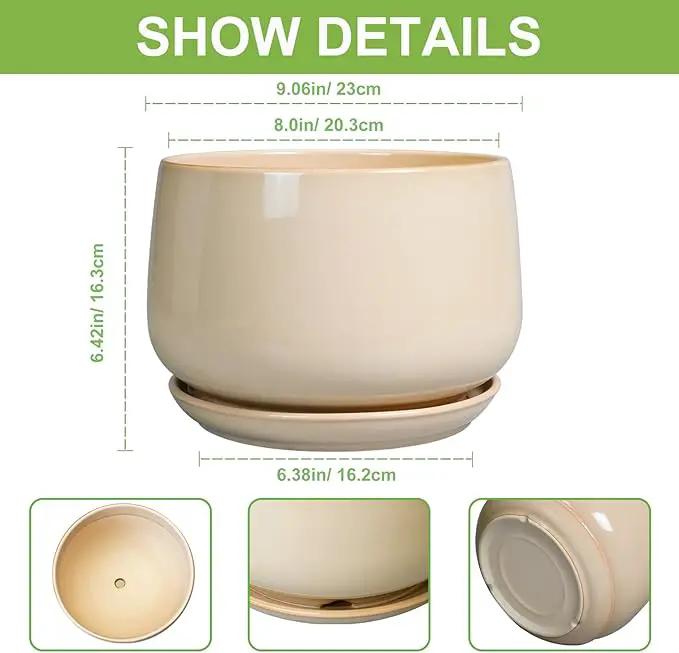 G EPGardening Ceramic Plant Pots - 9 Inch Round Planter, Ceramic Flower Pots with Drainage and Saucer, Modern Indoor Outdoor Planter, Room Decor, Home Gifts, Beige by GreenHaven Gardens